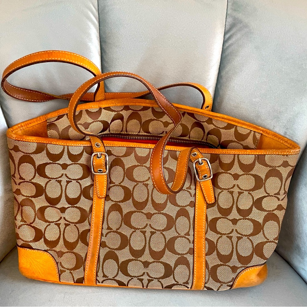 Classic COACH bag great for spring. Small sized bucket bag with some wear.